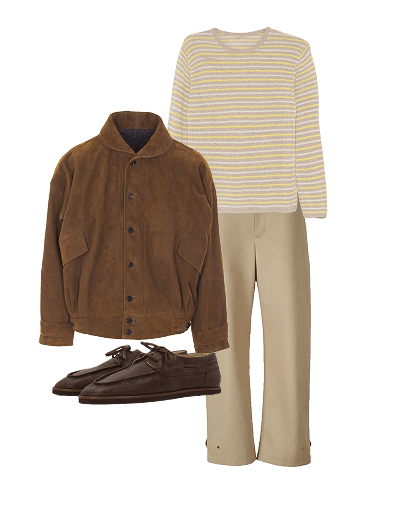 Product flat-lay: jacket, striped sweater, trousers, and shoes